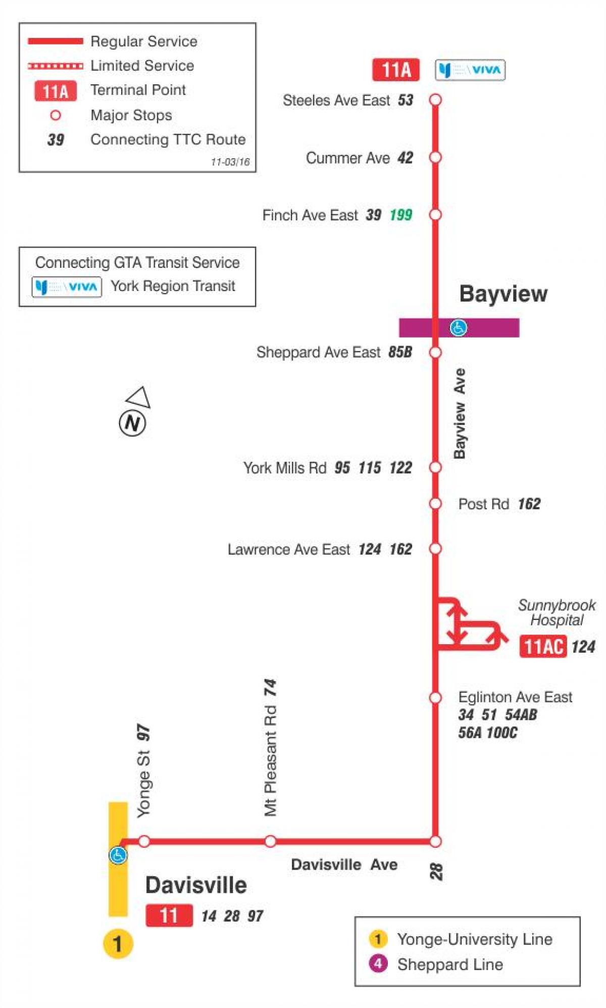 TTC 11 Bayview otobüs güzergahı Toronto haritası 