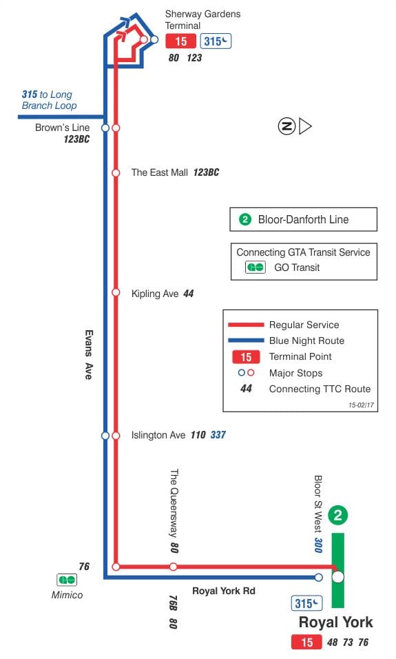 TTC haritası 15 Evans otobüs güzergahı Toronto