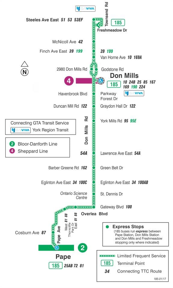 TTC 185 Don Mills Roket otobüs güzergahı Toronto haritası 