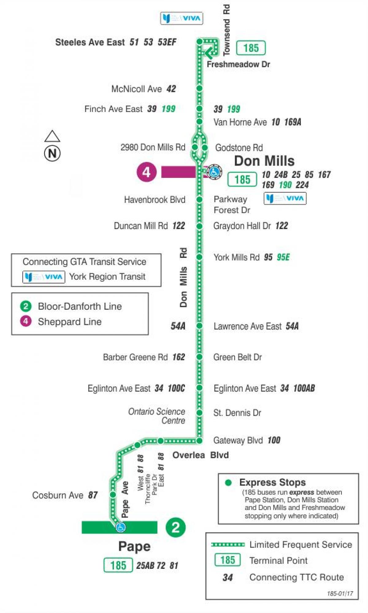 TTC 185 Don Mills Roket otobüs güzergahı Toronto haritası 