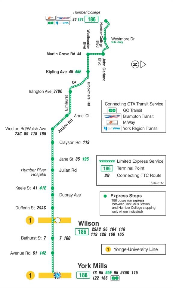 186 TTC Wilson Roket otobüs güzergahı Toronto haritası 
