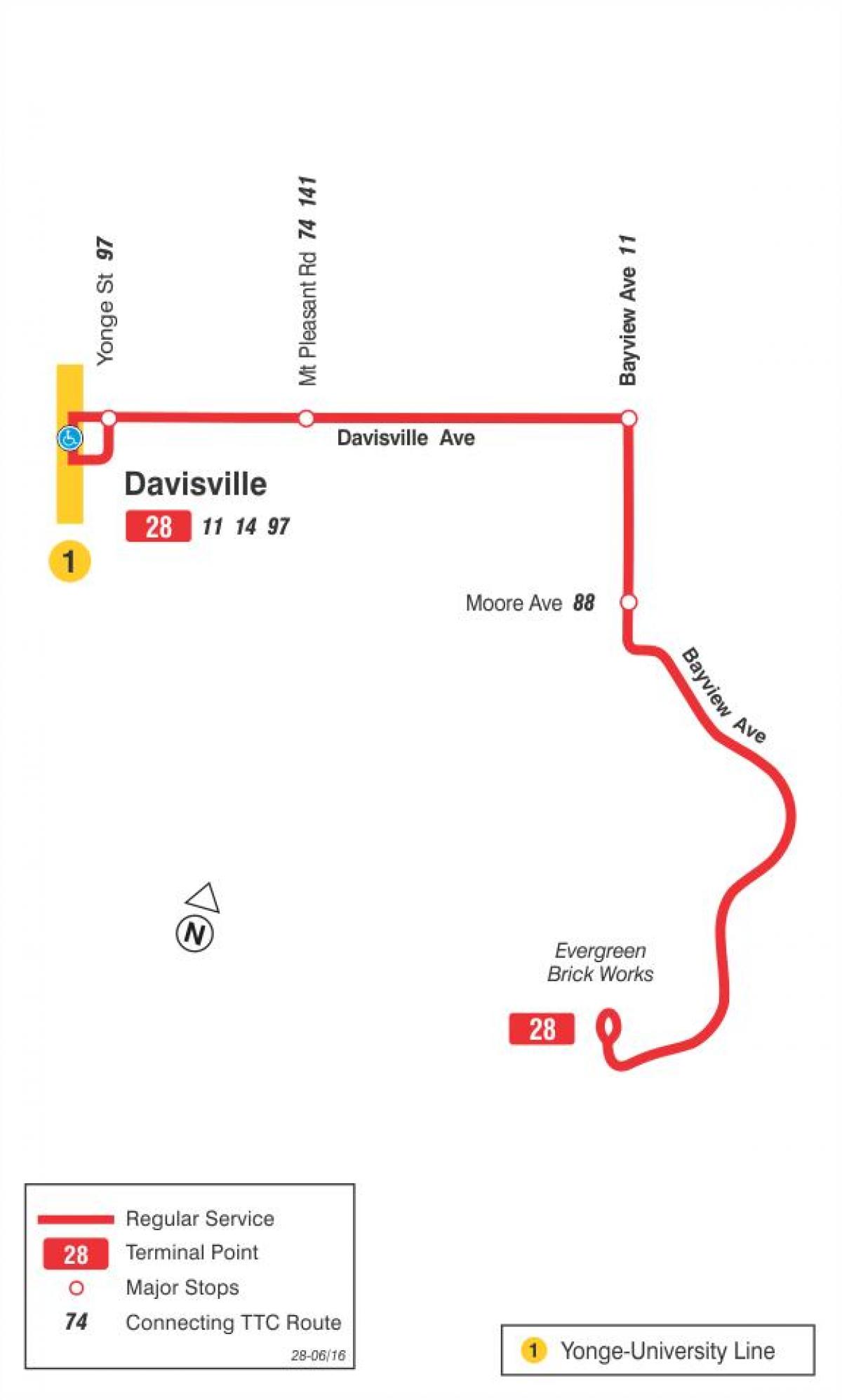 28 TTC Bayview Güney otobüs güzergahı Toronto haritası 