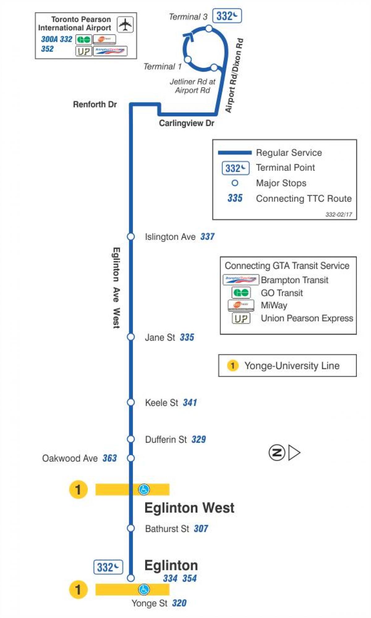 TTC haritası 332 Eglinton West otobüs güzergahı Toronto