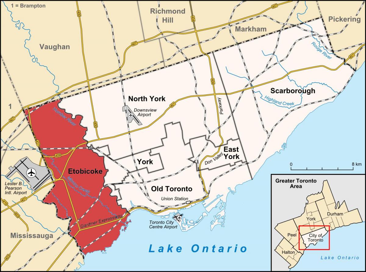 Etobicoke bölgesinde Toronto haritası 