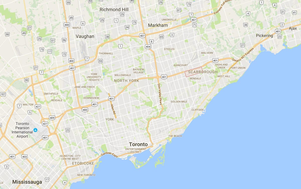Scarborough Şehir Merkezi bölgesinde Toronto haritası 