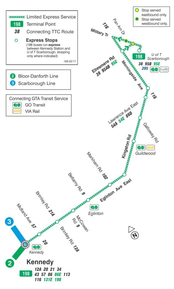 T Scarborough Roket otobüs güzergahı Toronto TTC göster 198 U 