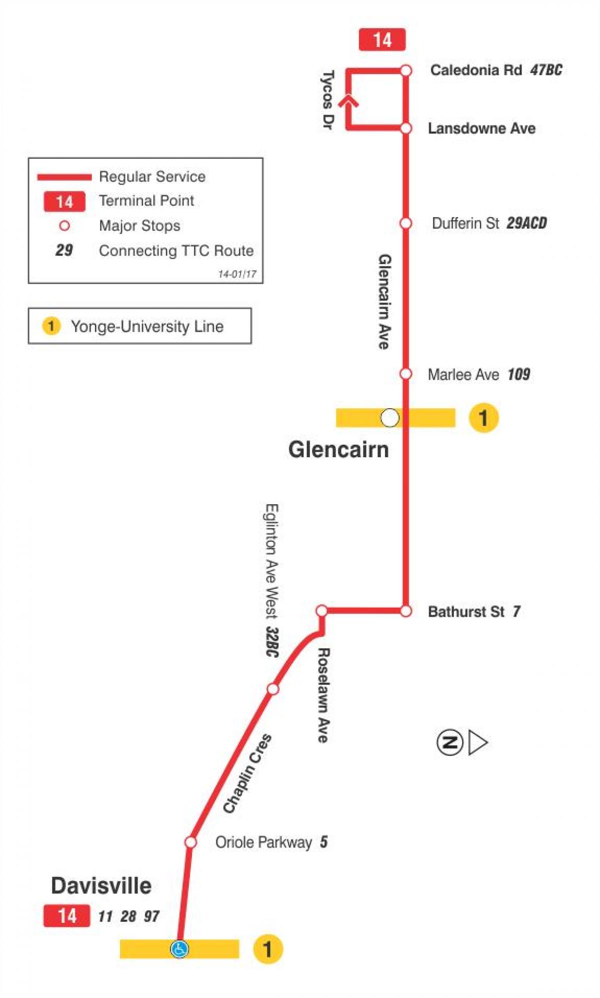 TTC 14 Glencairn otobüs güzergahı Toronto haritası 