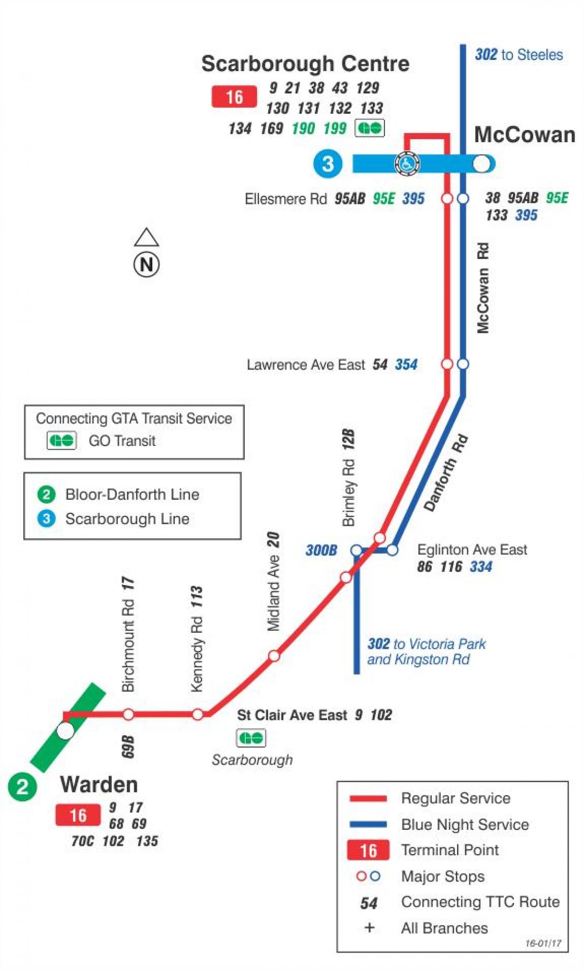 TTC haritası 16 McCowan otobüs güzergahı Toronto
