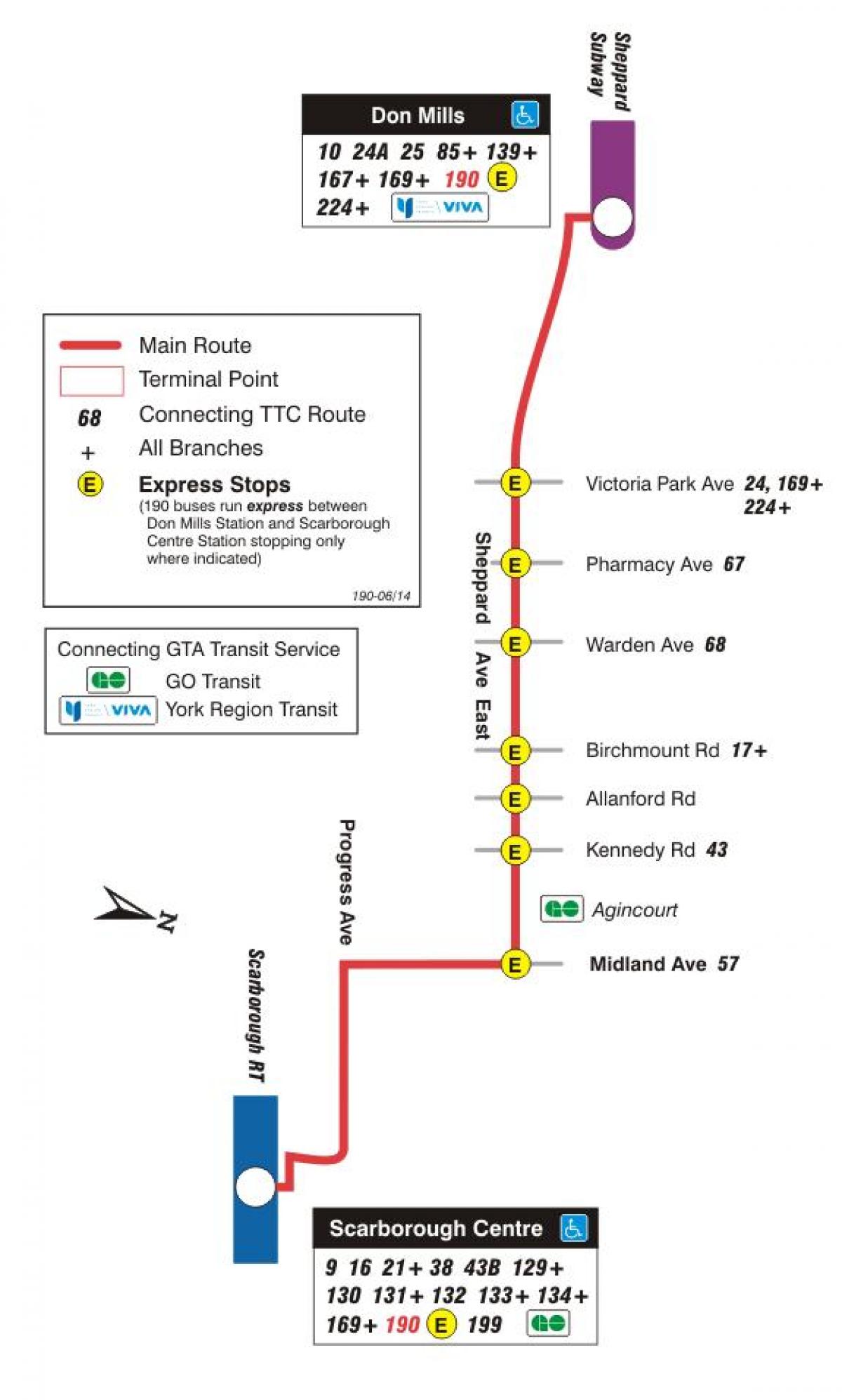 TTC 190 Scarborough Merkezine Roket otobüs güzergahı Toronto haritası 