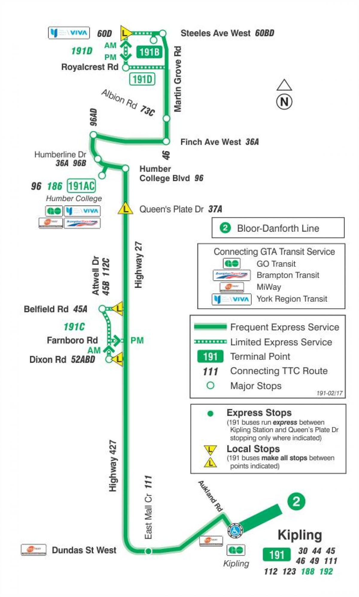 TTC 191 Highway 27 Rocket otobüs güzergahı haritası, Toronto