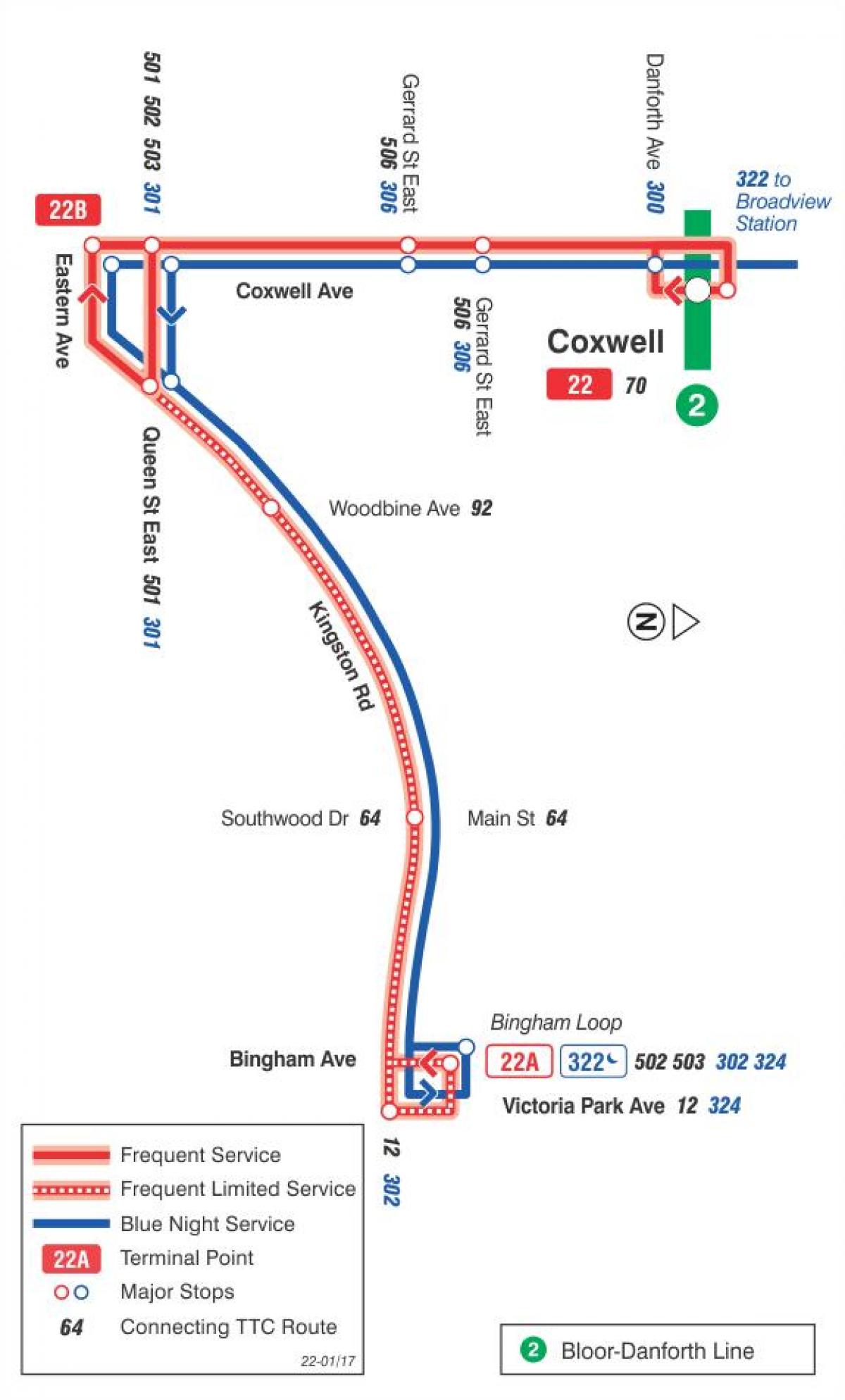 TTC 22 Coxwell otobüs güzergahı Toronto haritası 