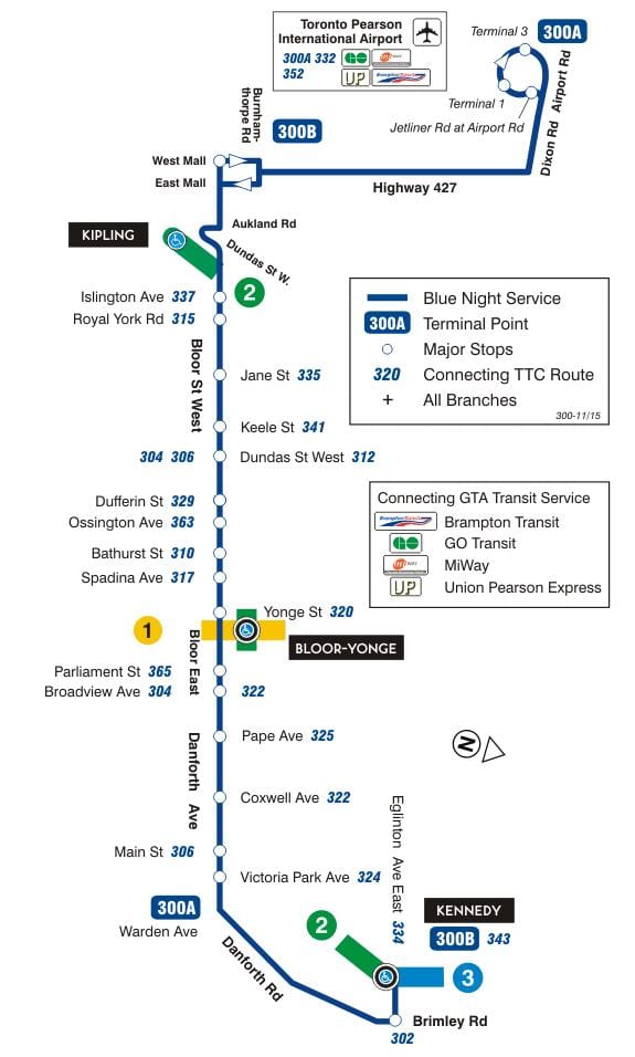 TTC 300A haritası Bloor-Danforth otobüs güzergahı Toronto