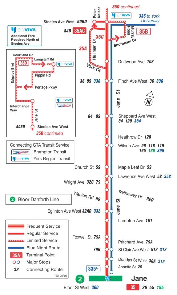 TTC haritası 35 Jane otobüs güzergahı Toronto