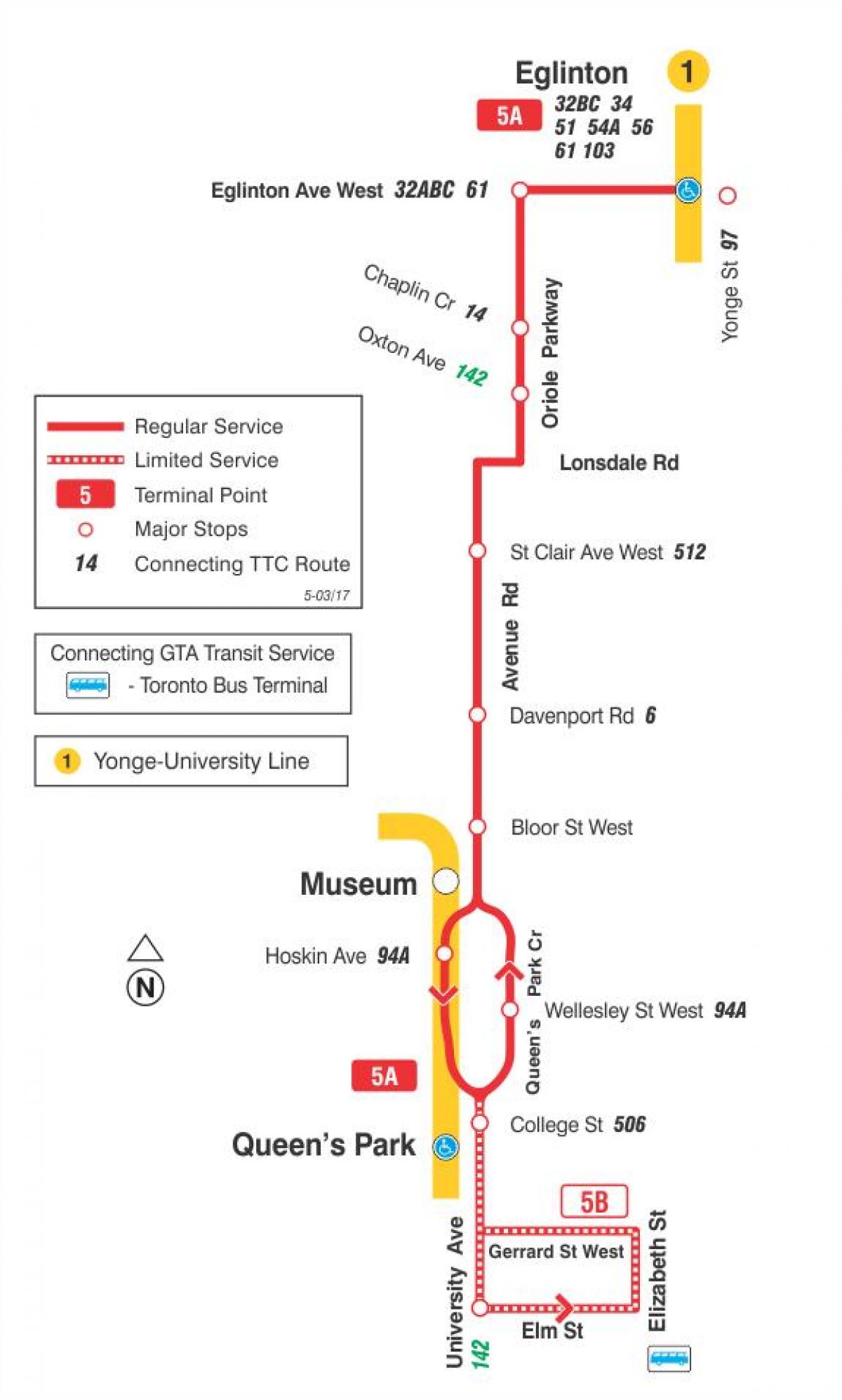 TTC 5 Avenue Rd otobüs güzergahı Toronto haritası 