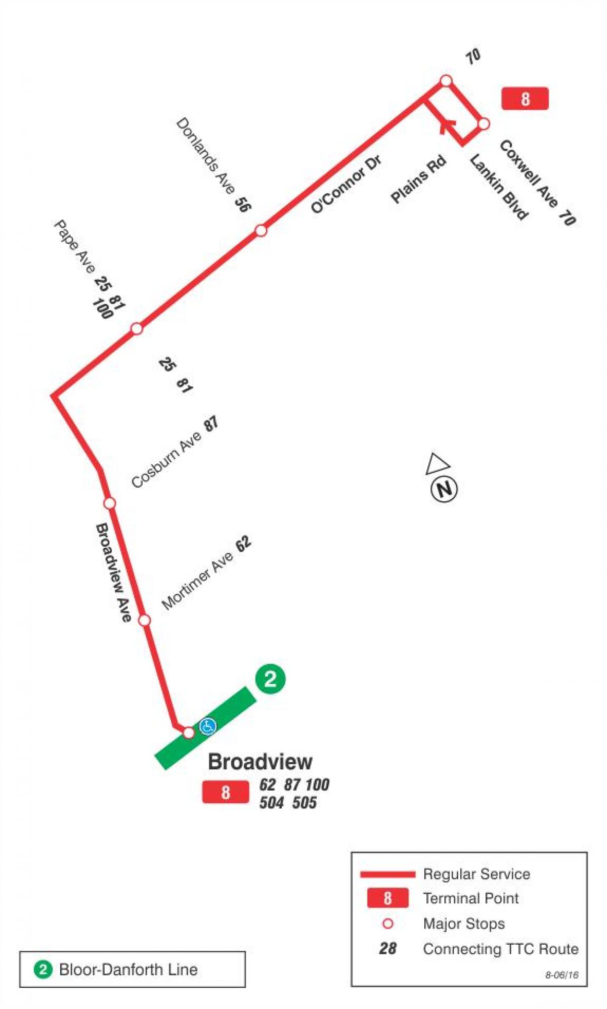 TTC haritası 8 Broadview otobüs güzergahı Toronto