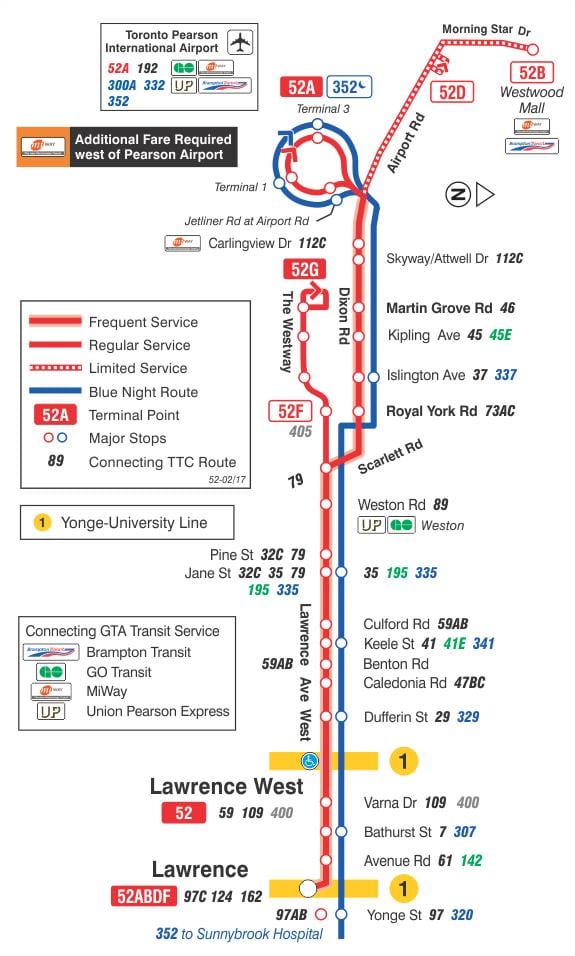 TTC bus 52 Lawrence West, Toronto yol haritası 