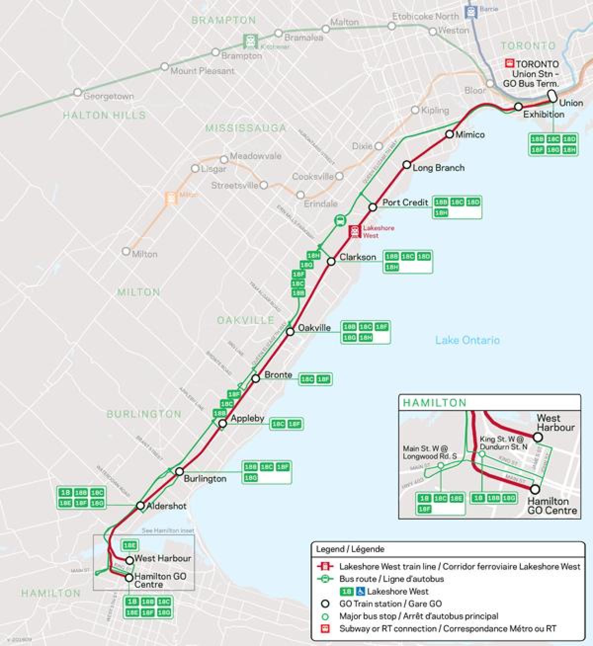 Çizgi harita Lakeshore West Go Transit