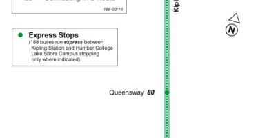 188 TTC harita Güney Roket otobüs güzergahı Toronto Kipling 