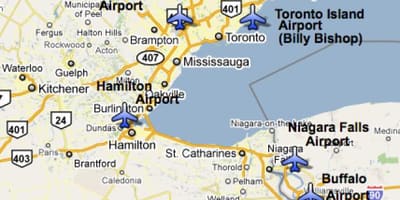 Toronto yakınlarındaki Havaalanları haritası 