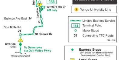 TTC 144 Downtown / Don Valley Express otobüs güzergahı Toronto haritası 