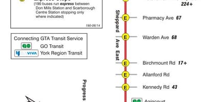 TTC 190 Scarborough Merkezine Roket otobüs güzergahı Toronto haritası 