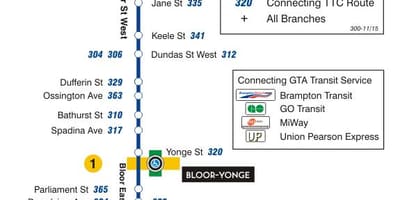 TTC 300A haritası Bloor-Danforth otobüs güzergahı Toronto