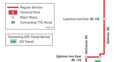 TTC 9 Bellamy otobüs güzergahı Toronto haritası 