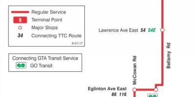 TTC 9 Bellamy otobüs güzergahı Toronto haritası 