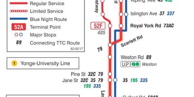 TTC bus 52 Lawrence West, Toronto yol haritası 